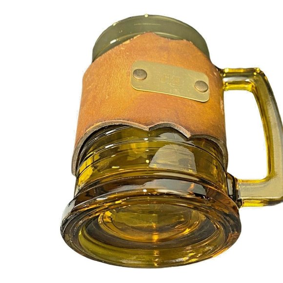 Vintage Amber Glass Mug Leather Snap Cover Wrap J - Picture 8 of 10